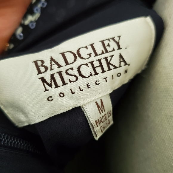 Badgley Mischka Navy Flouncy Mesh Ruffle Sequin Pleated Silk Top - Picture 9 of 11